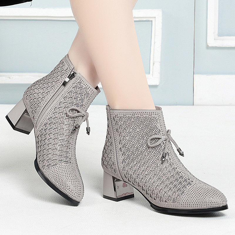 Chunky Heel Mesh Hollow Rhinestone Boots