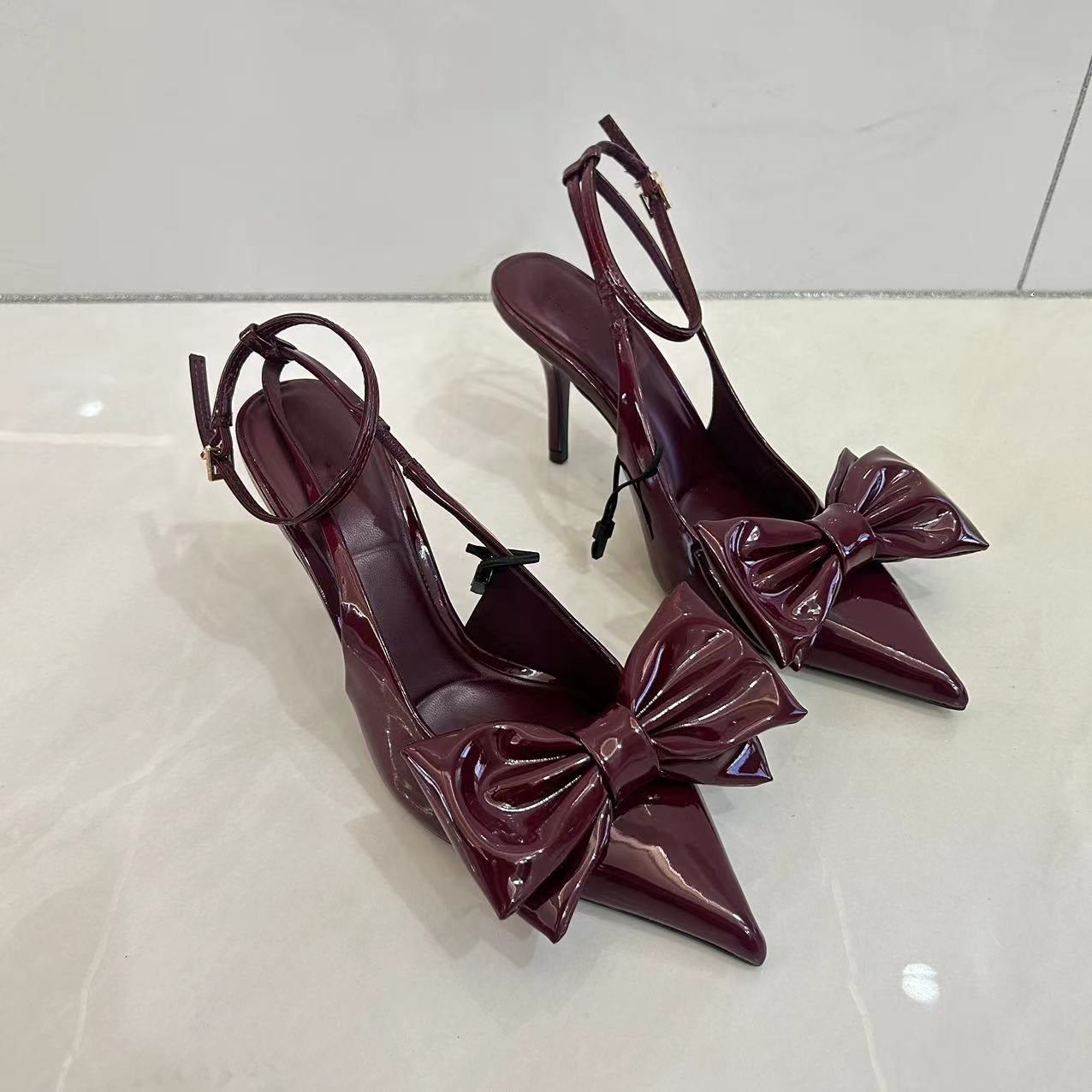 Red Bowknot French Style Pointed-toe Hollowed Mixed Stiletto High Heels