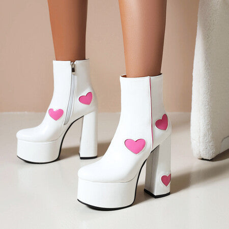 Platform Heart-shaped Color Block High Heel Boots