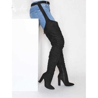 Suede Fashion Pointed Personality Chunky Heel Over The Knee Fashion Boots