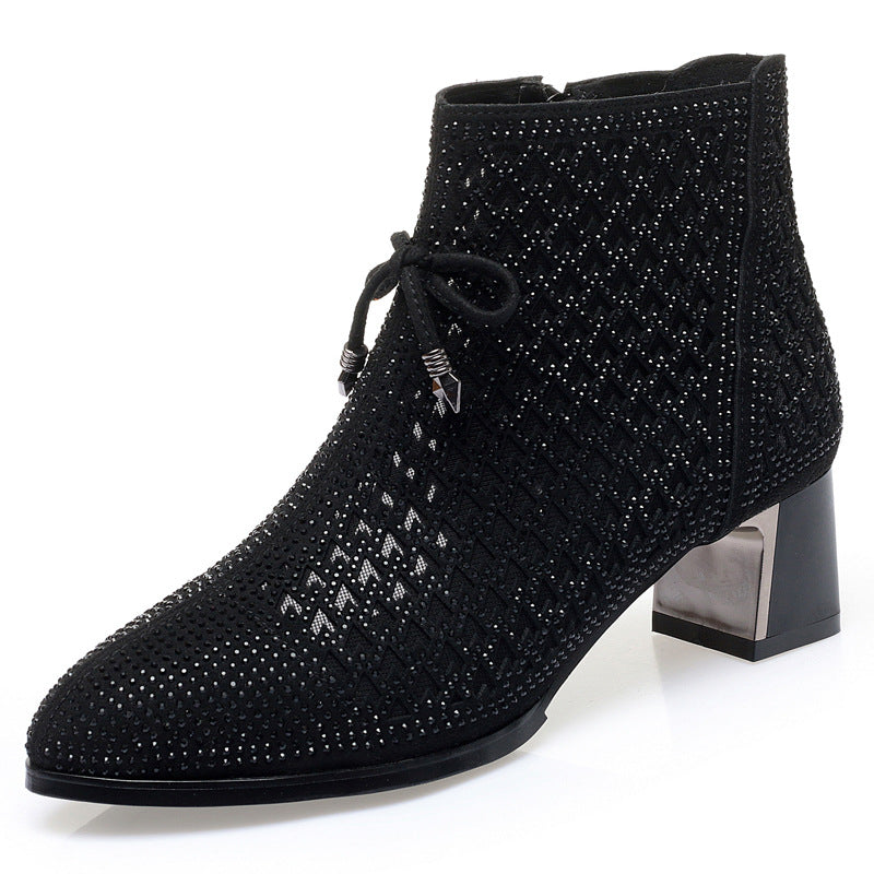 Chunky Heel Mesh Hollow Rhinestone Boots