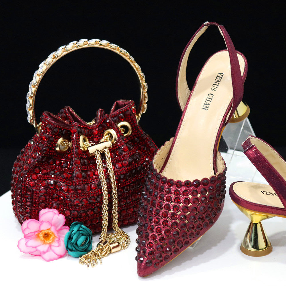 Colorful Stone Bucket Handbag With Pointed Toe Middle Pump Heels