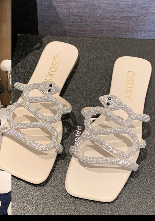 Snake Rhinestone Flat Slippers