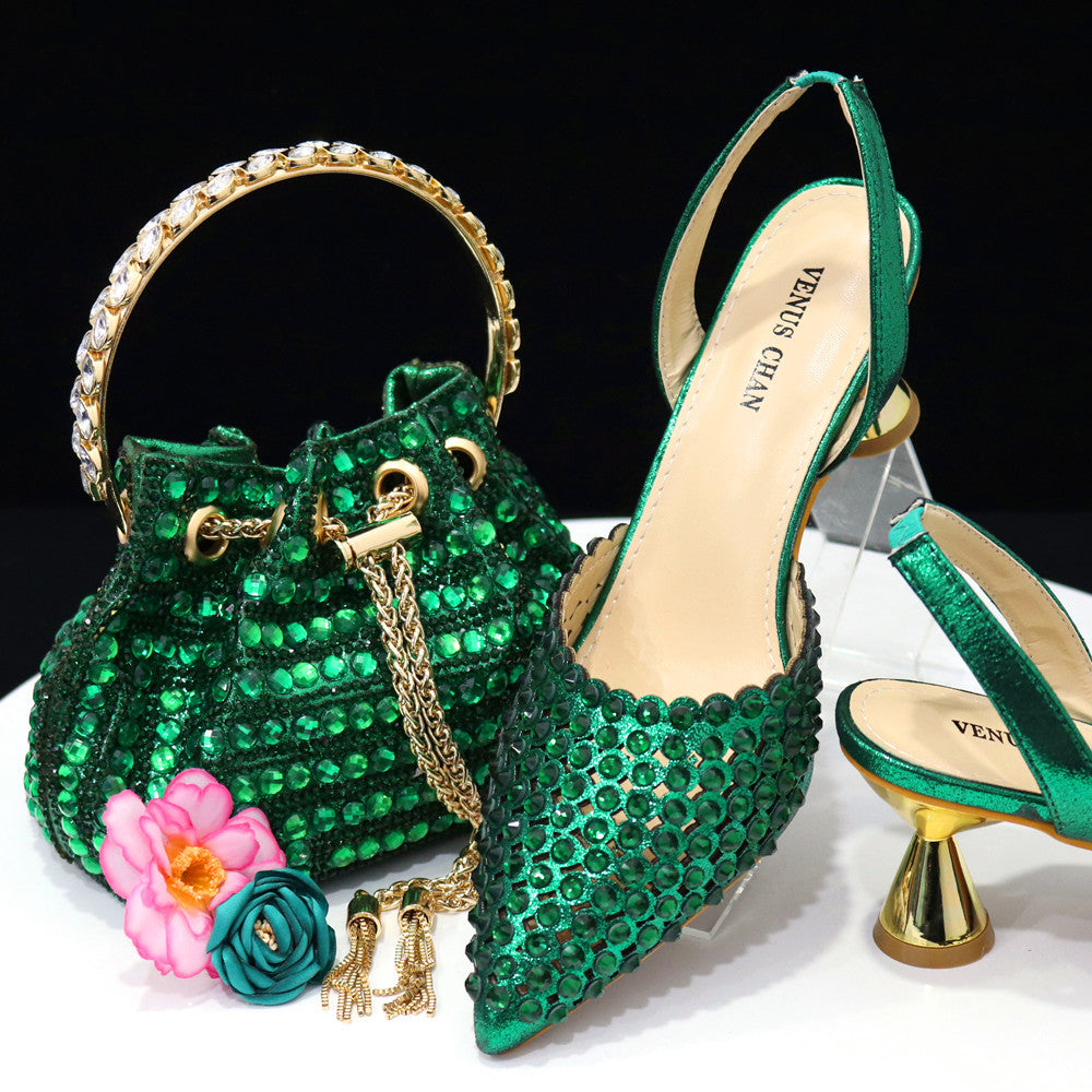 Colorful Stone Bucket Handbag With Pointed Toe Middle Pump Heels