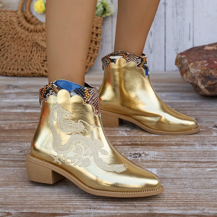 Pointed-toe Stitching Embroidered Chunky Chelsea Mid-calf Boots