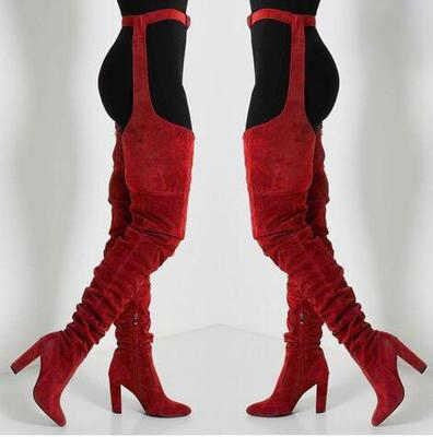 Suede Fashion Pointed Personality Chunky Heel Over The Knee Fashion Boots
