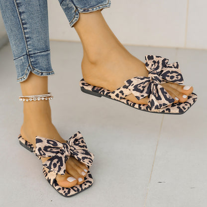Bow Leopard Print Square Toe Sandals