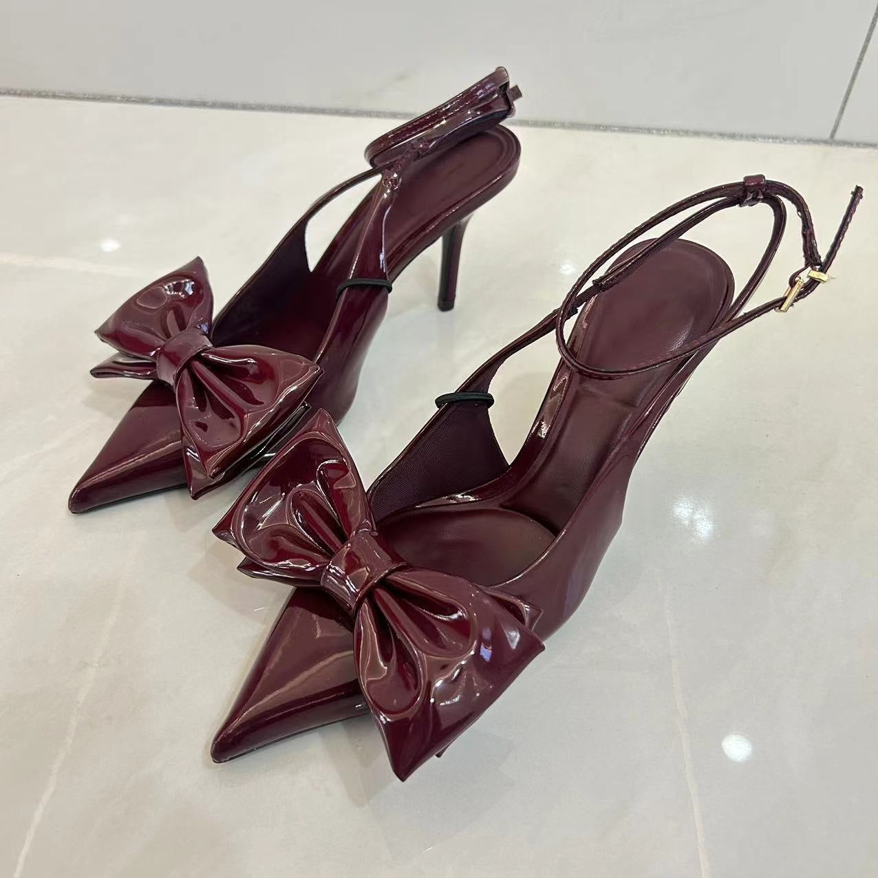 Red Bowknot French Style Pointed-toe Hollowed Mixed Stiletto High Heels