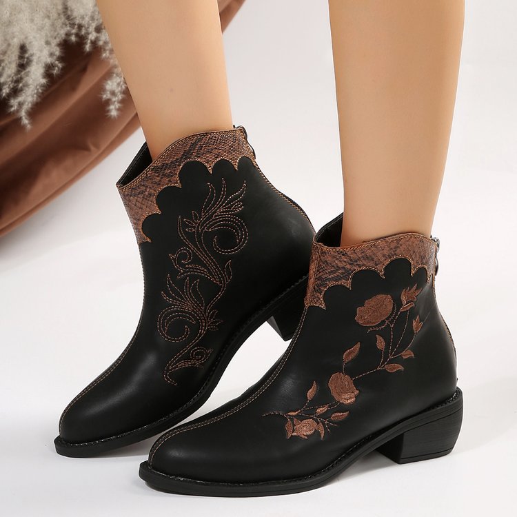 Pointed-toe Stitching Embroidered Chunky Chelsea Mid-calf Boots