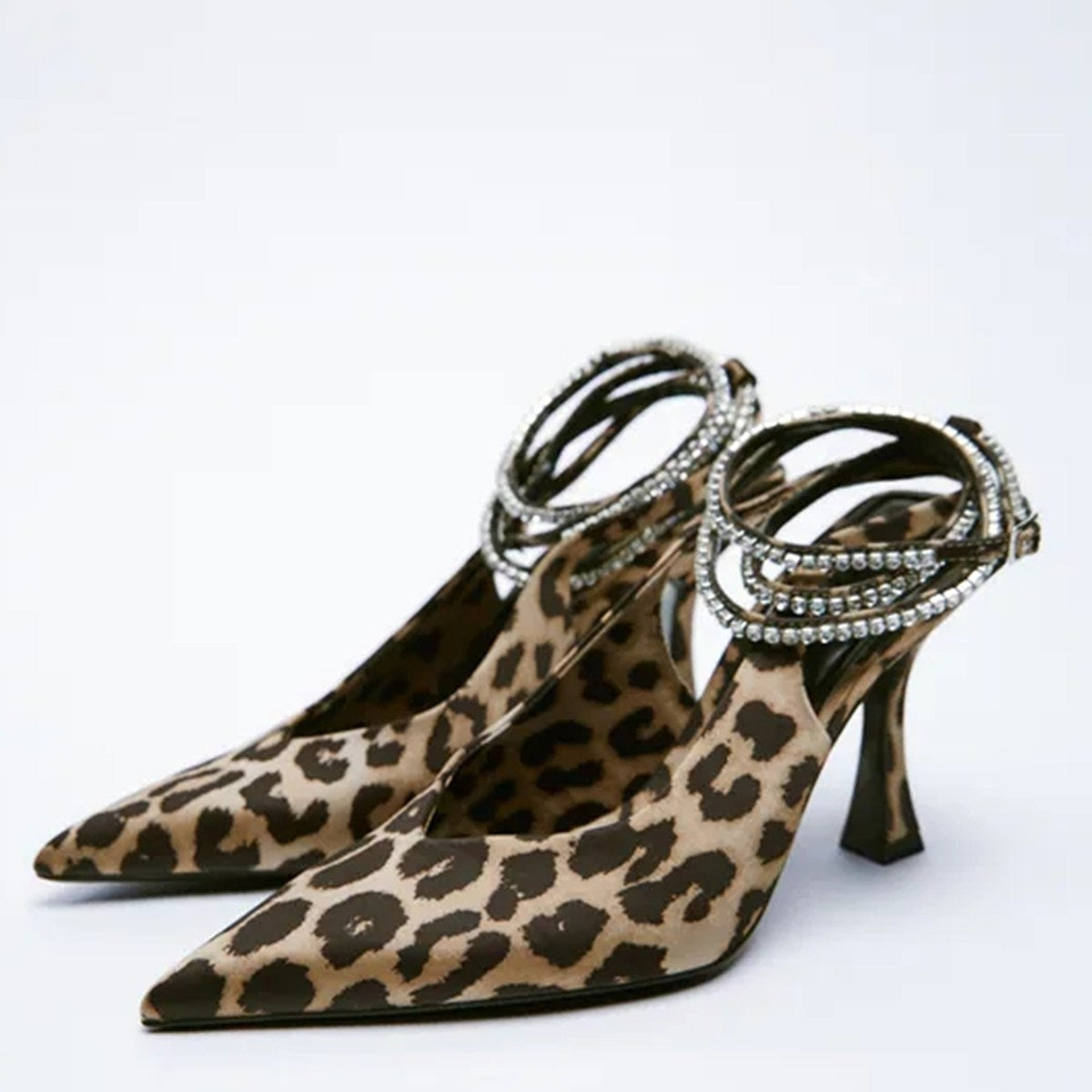 Leopard Print Suede Mid Pointed Toe Strap Heels