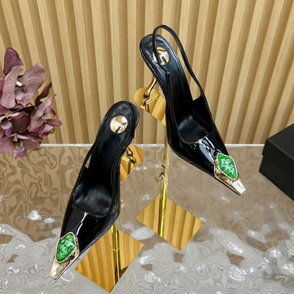 Gem Square Toe Stiletto Hollow High Heels