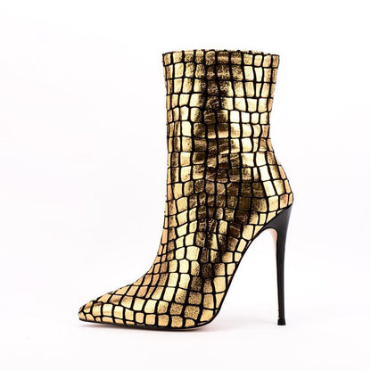Stiletto Pattern Heel Square Plaid Ankle Boots