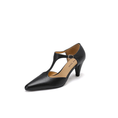 Retro T Shape Strap Closed Toe Heels