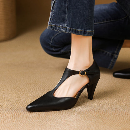 Retro T Shape Strap Closed Toe Heels