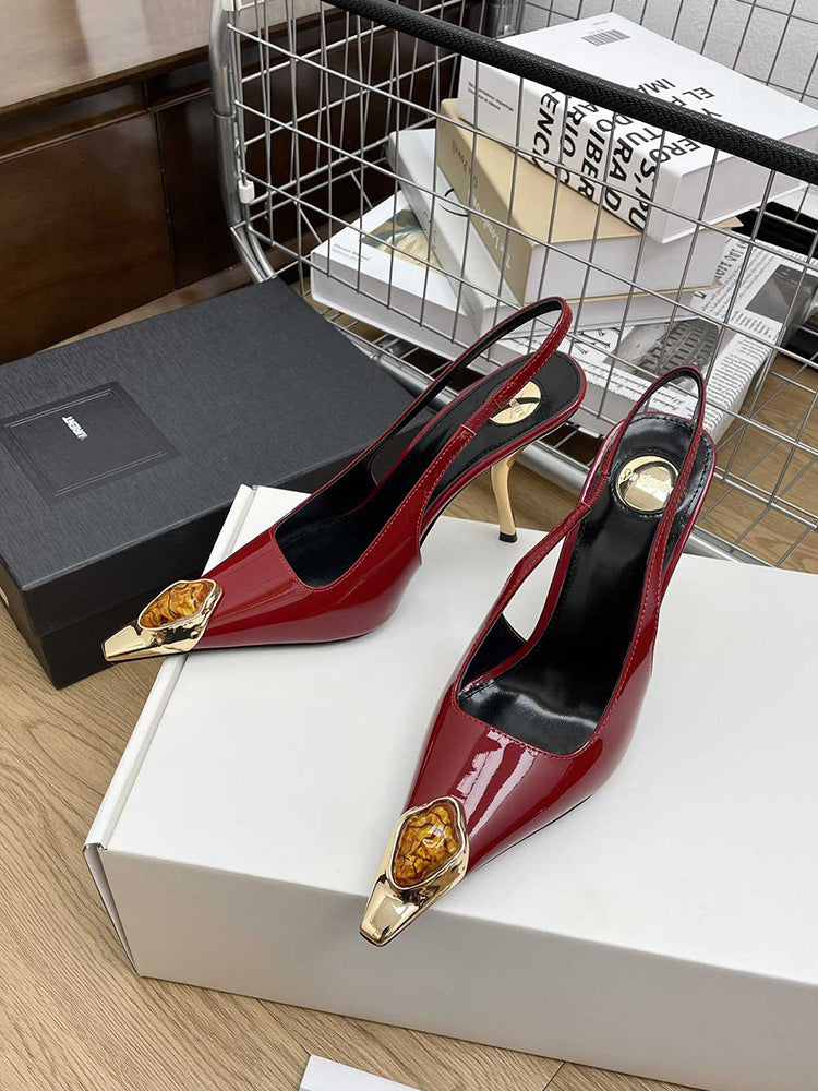 Gem Square Toe Stiletto Hollow High Heels