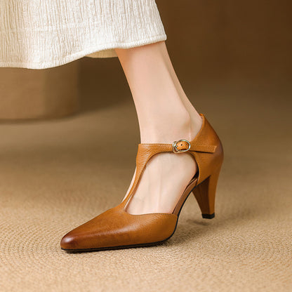 Retro T Shape Strap Closed Toe Heels