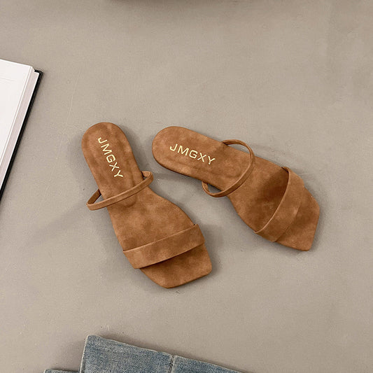 Two Strap Square Peep Toe Suede Slippers