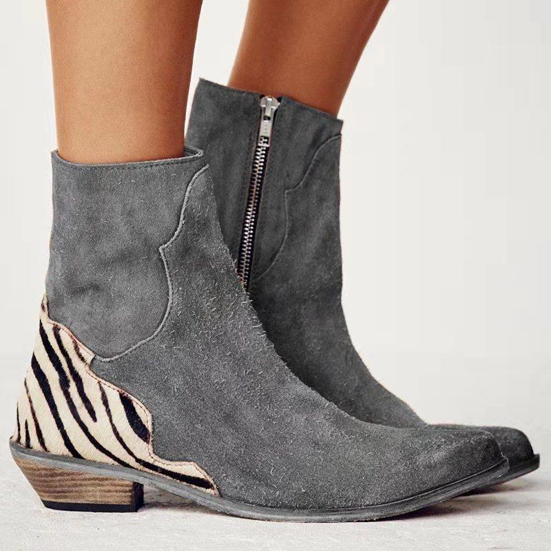 Pointed Thick Low Heel Side Zip Short Boots