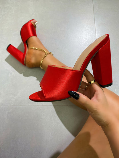 Chunky Heel Slipper Satin Surface High Heel Sandals