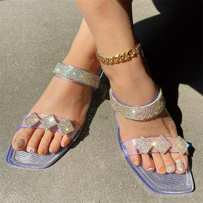 Square Toe Two-strap Light Diamond Sandals