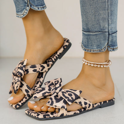 Bow Leopard Print Square Toe Sandals