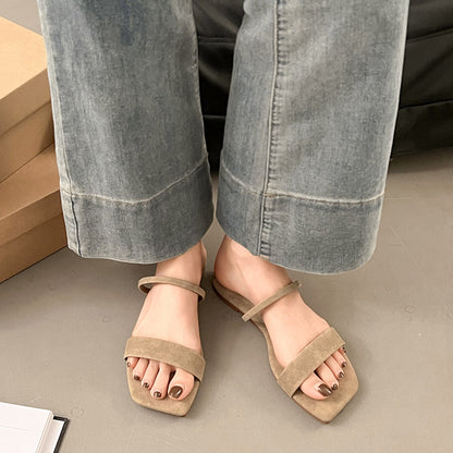 Two Strap Square Peep Toe Suede Slippers