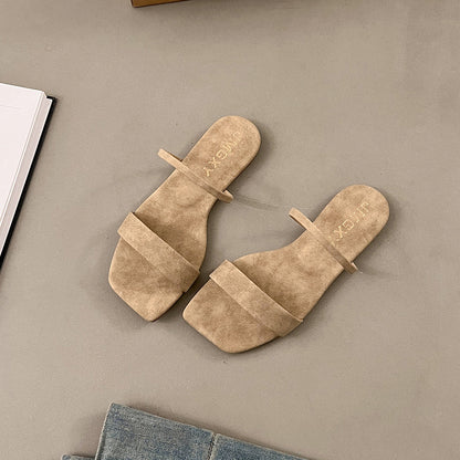 Two Strap Square Peep Toe Suede Slippers