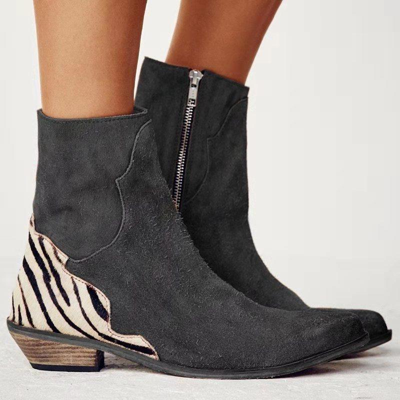 Pointed Thick Low Heel Side Zip Short Boots