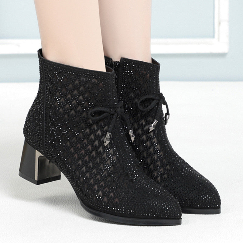 Chunky Heel Mesh Hollow Rhinestone Boots