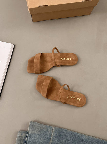 Two Strap Square Peep Toe Suede Slippers