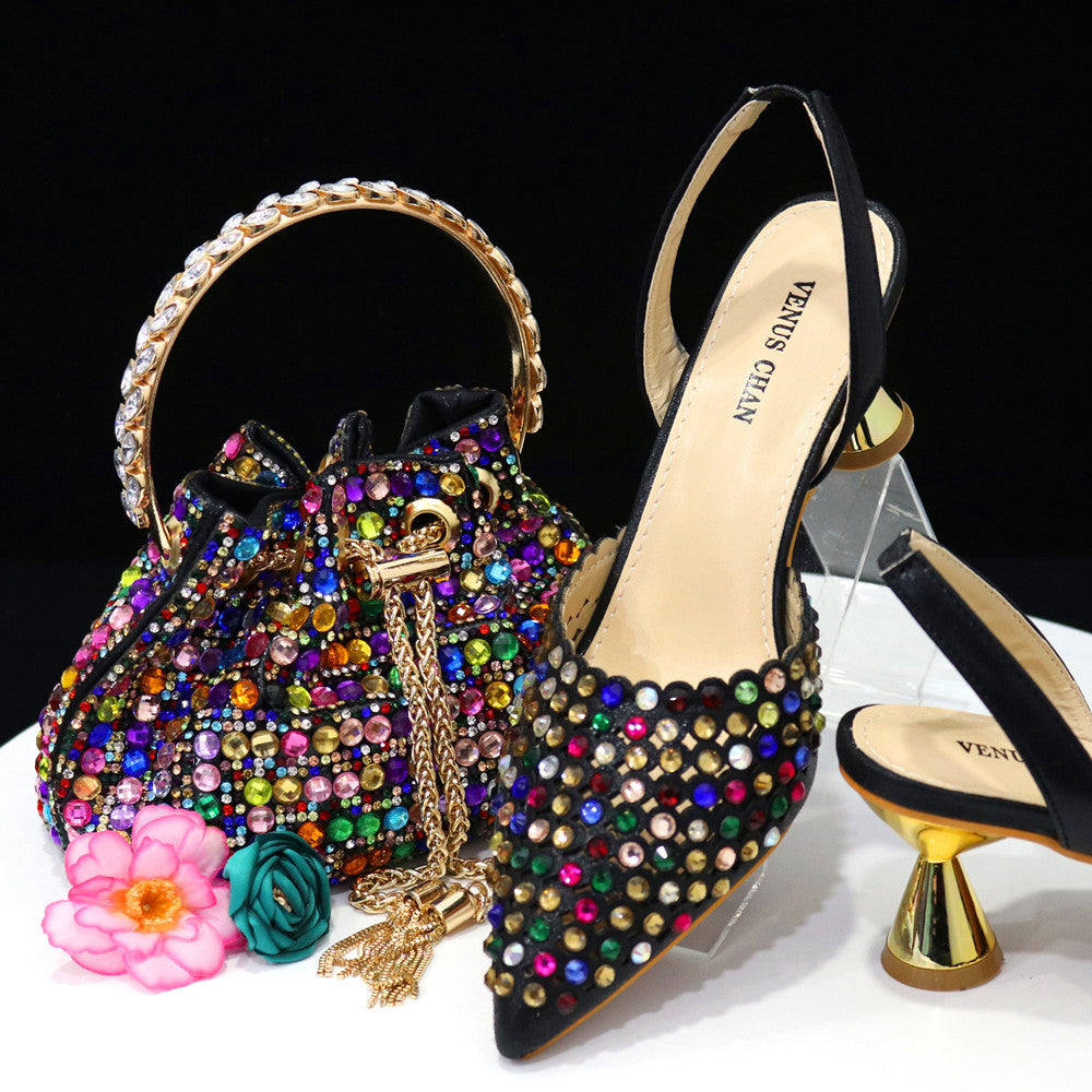 Colorful Stone Bucket Handbag With Pointed Toe Middle Pump Heels