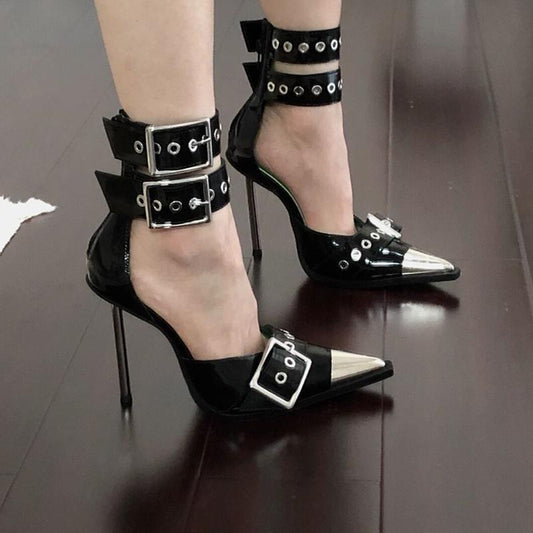 Pointed Toe Metal Buckle Stiletto High Heels