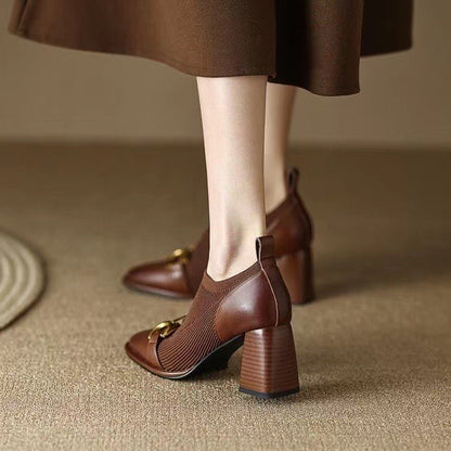 French Retro Soft Leather Square Toe High Heels