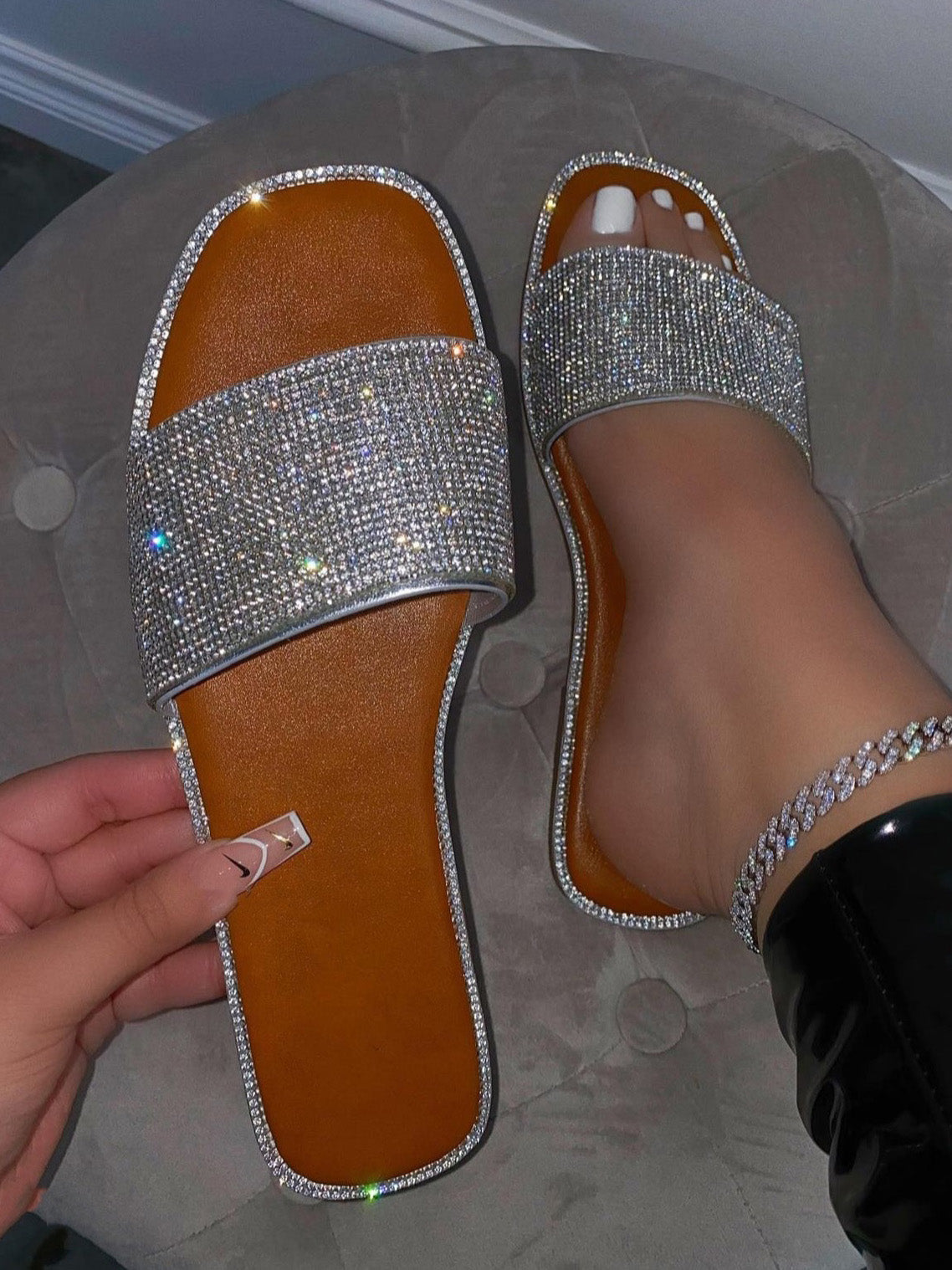 Rhinestone Flat Heel Slipper Sandals