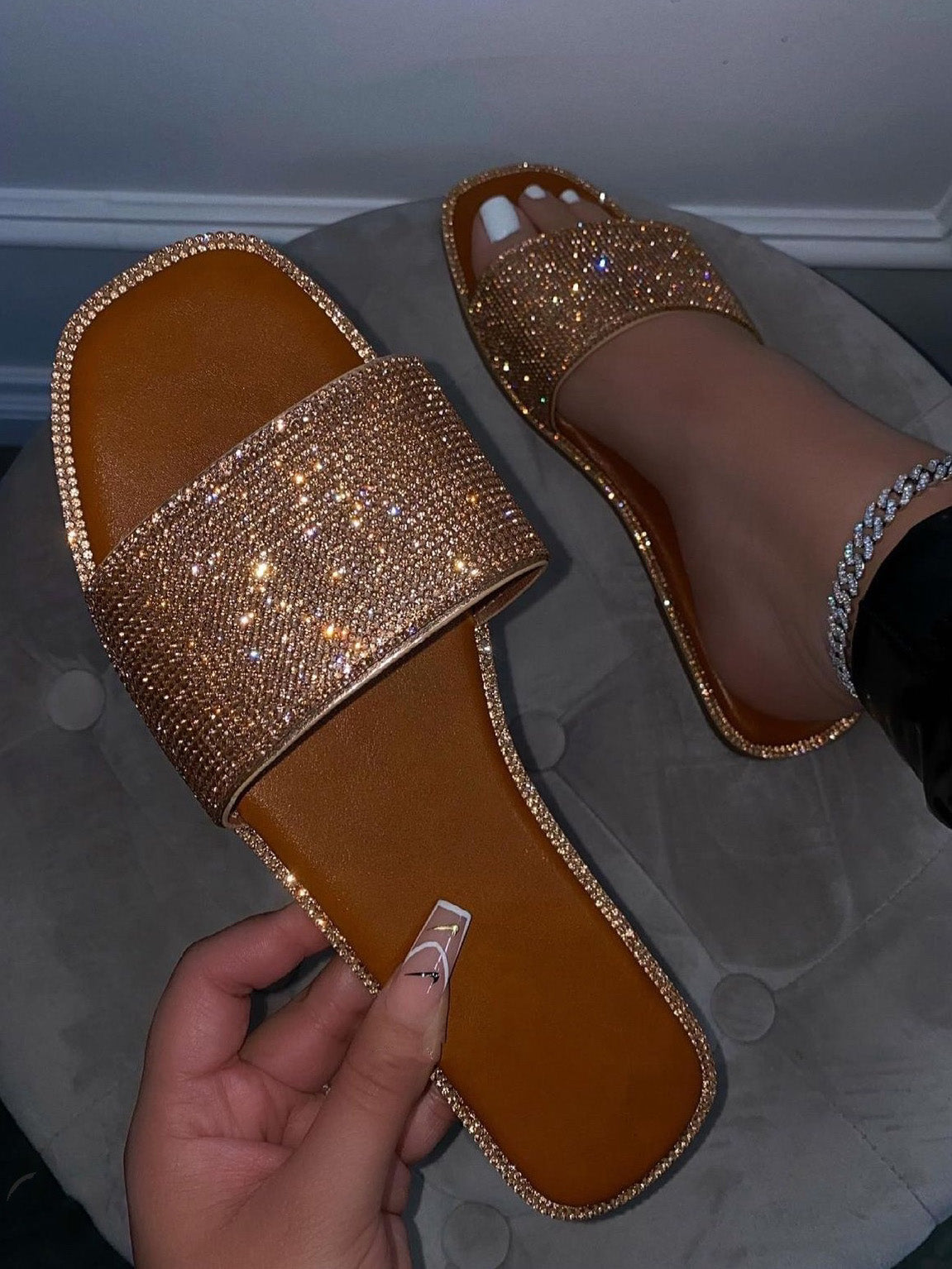 Rhinestone Flat Heel Slipper Sandals