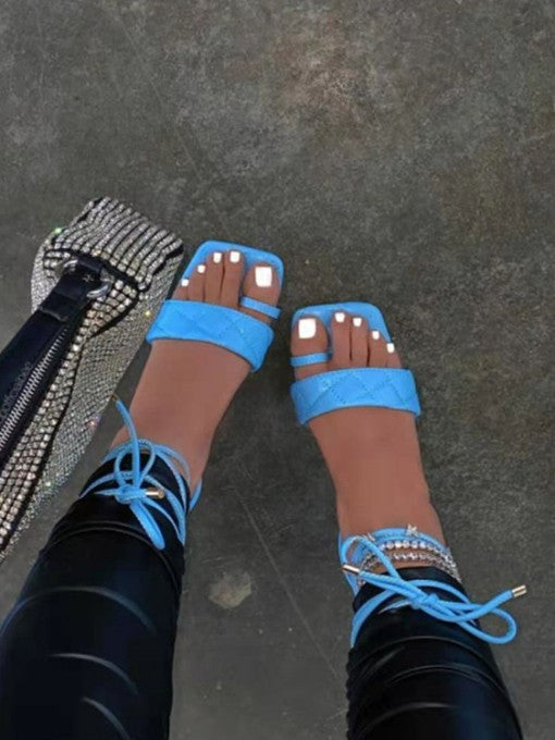 RING TOE STRAP FLAT STRAPPY LACE UP SANDALS