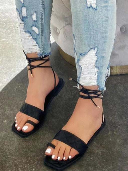 RING TOE STRAP FLAT STRAPPY LACE UP SANDALS