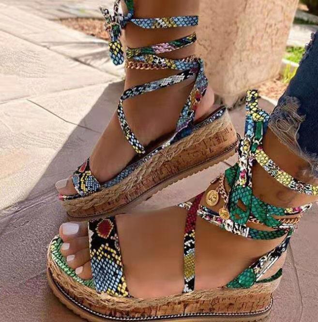 Platform Round Toe Strappy Sandals Snakeskin