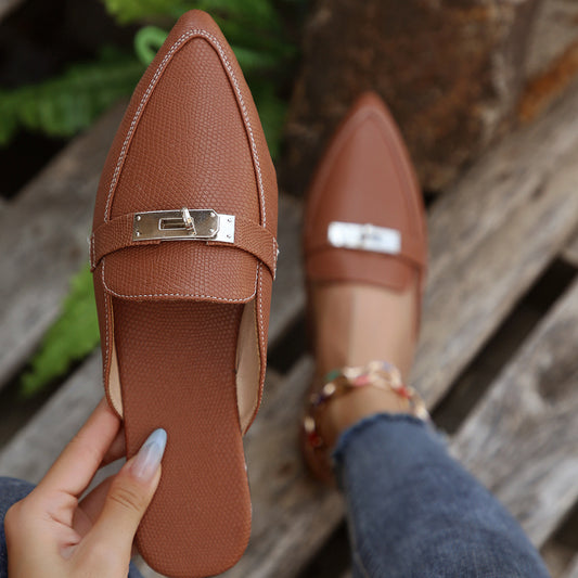 Pointed-Toe Low Flat Leisure Semi-Slippers