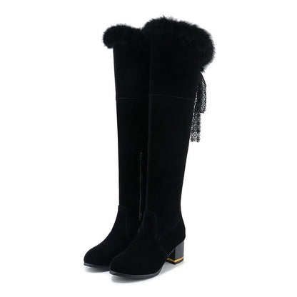 Round Head Chunky Thick Fur Lining High Heel Boots