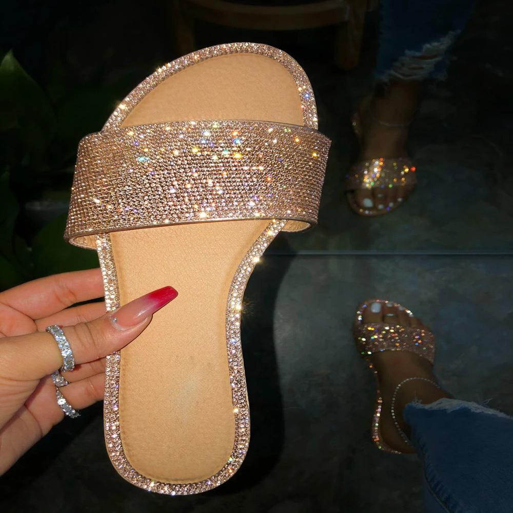 Rhinestone Flat Heel Slipper Sandals