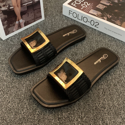 Square Buckle Flat Casual Slippers