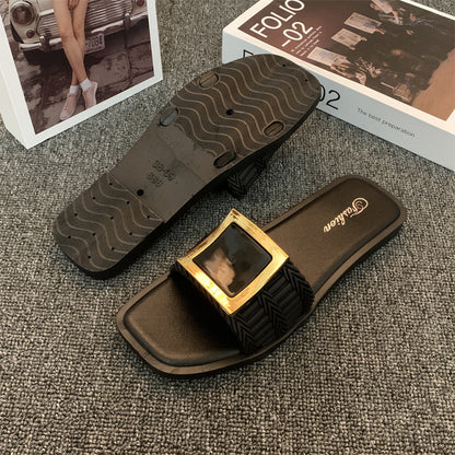 Square Buckle Flat Casual Slippers