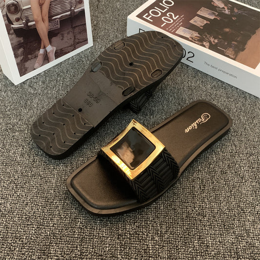 Square Buckle Flat Casual Slippers