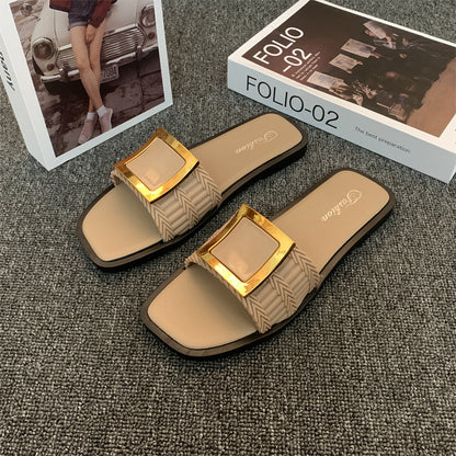 Square Buckle Flat Casual Slippers