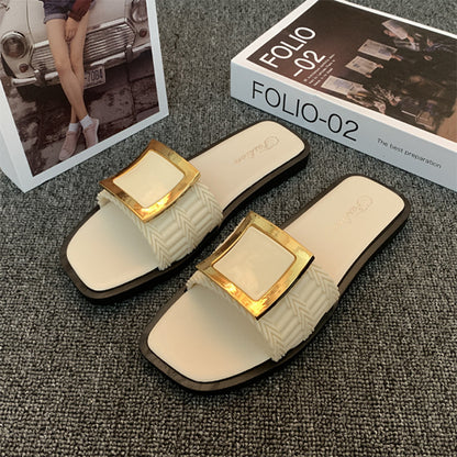 Square Buckle Flat Casual Slippers