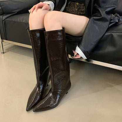 Texture Straight Pointed Toe Long Boots