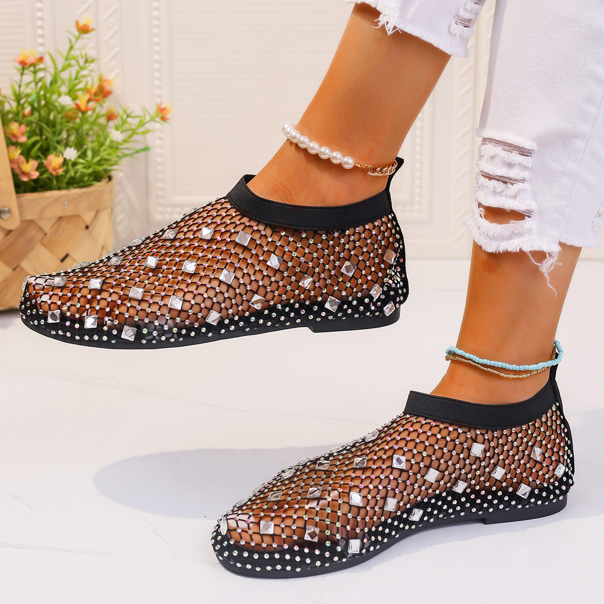 Mesh Flat Colorful Rhinestone Sandals