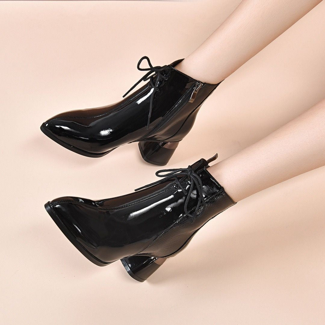 Chunky Heel Pointed Toe Elegant Martin Patent Leather Boots