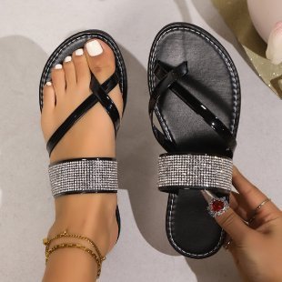Toe Covering Rhinestones Strap Flat Bottom Sandals